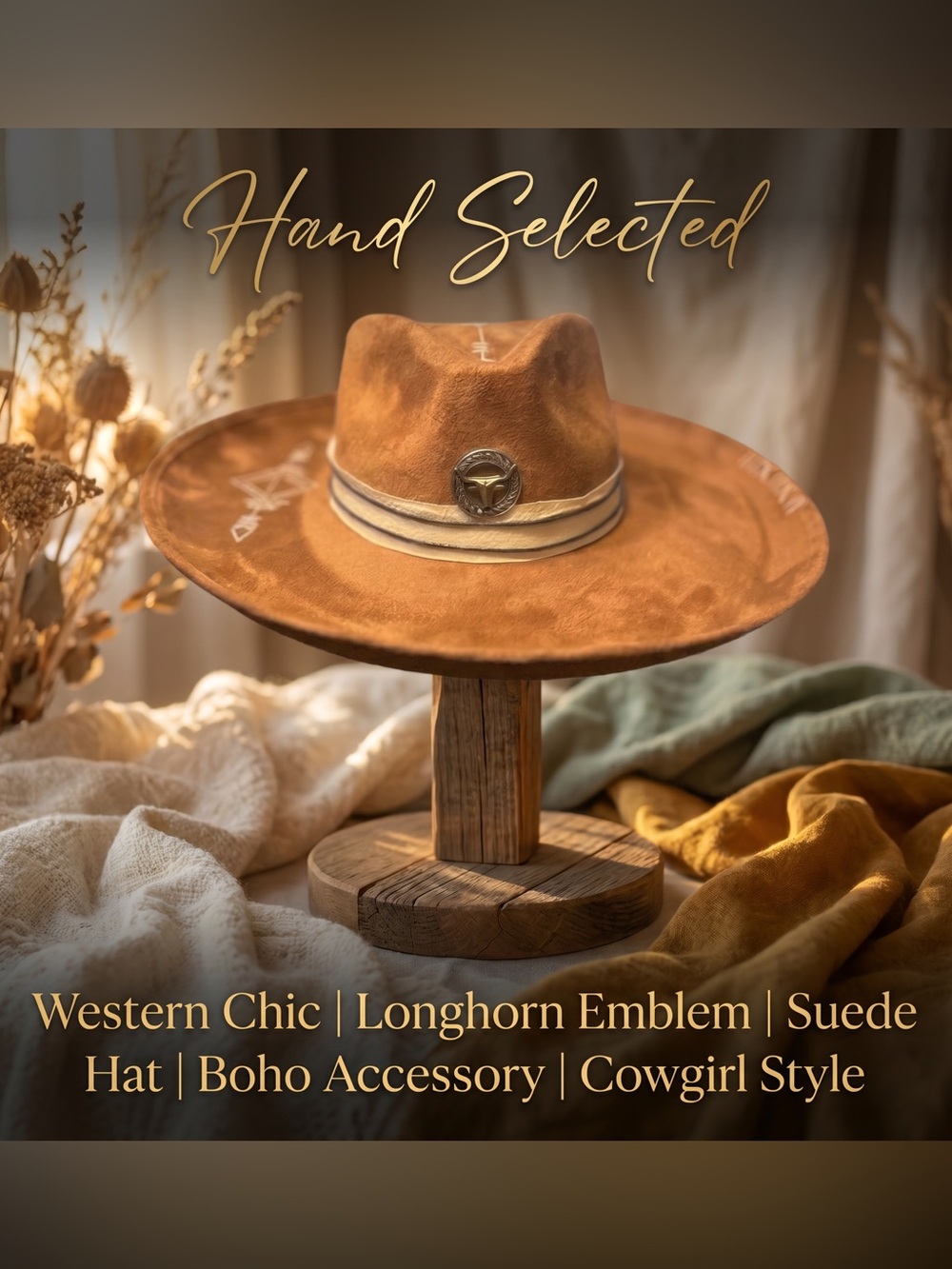 Brown Suede Women's Hat with longhorn Emblem
